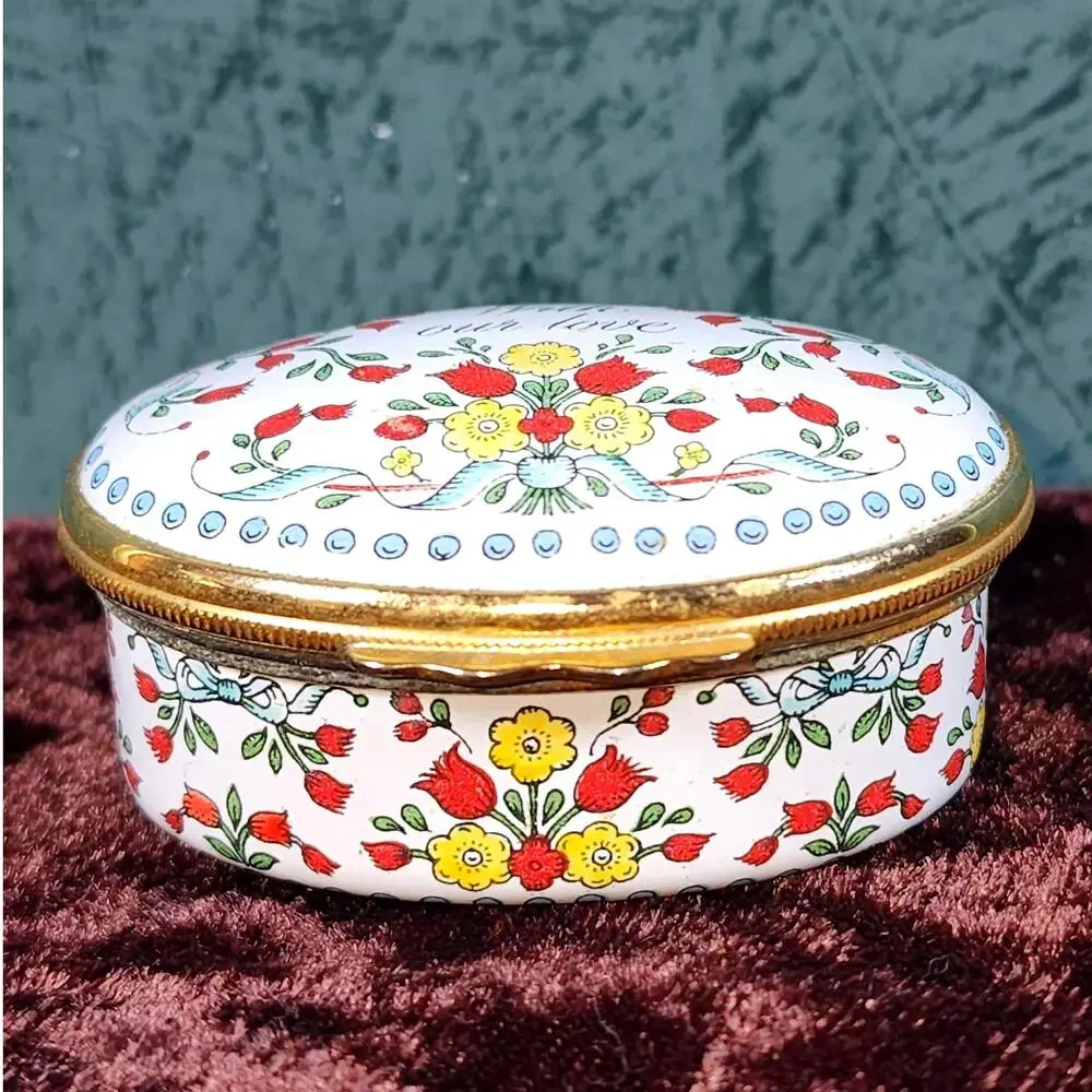 Halcyon Days Enamel Trinket Box With Our Love Vintage Floral
